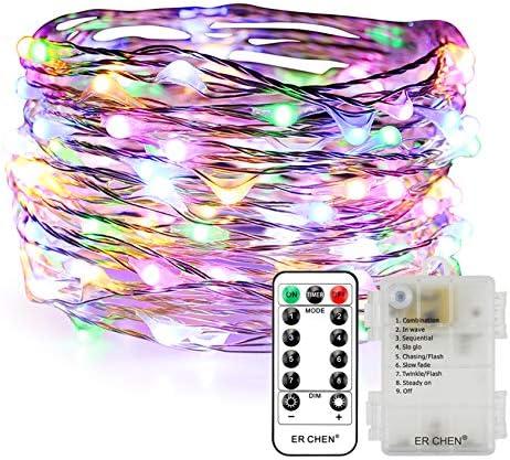 ER CHEN Fairy Lights Battery Operated Waterproof 8 Modes with Remote Timer, 33ft 100 LED Silver Coated Copper Wire Twinkle String Lights for Indoor Outdoor Decor (Multicolored)