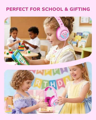 Image of iClever C371 Kids Headphones with Cord for School Boys Girls Travel Gift | SafeSound Tech3.0, Stereo Sound, 3.5mm Jack, Foldable, Durable Headband, Safe Wired Headphones for Kids, Macaron Pink