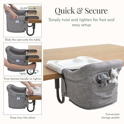 Image of Evolur Hook-On Baby High Chair, Portable Clamp-On Dining Seat with Dishwasher Safe Food Grade Tray, Clip-On Table Chair, Carry Bag, Back Pocket, ASTM Certified, 6-36 Months