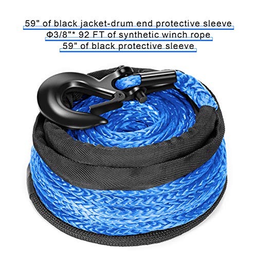 ORCISH Synthetic Winch Rope 3/8" x 100ft 23809lbs Dyneema Winch Cable Line with Hook and Sleeve Protection Car Tow Recovery Cable for 4WD Off Road Vehicle Truck SUV Jeep (Blue)