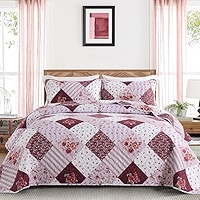 Dinjoy Floral Plaid Patchwork Quilt Set Queen – Reversible Brown Bedspread, 3 Piece Lightweight Microfiber