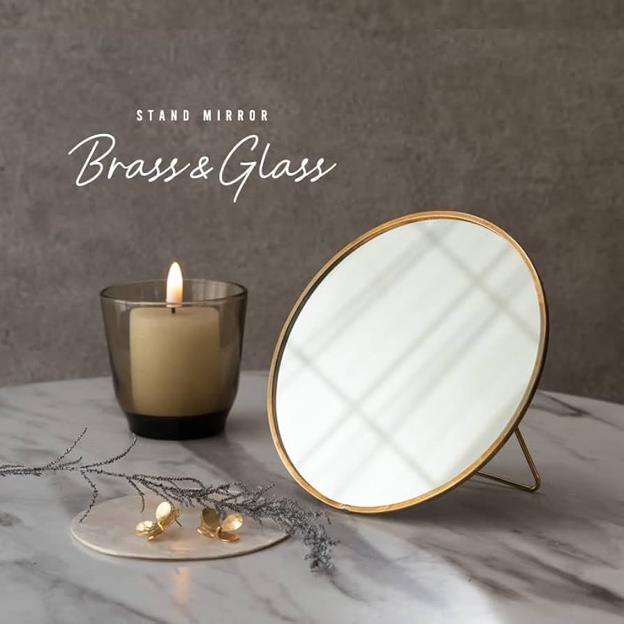 昭和レトロ　ミッドセンチュリー　金属製　丸型　楕円形　小型　真鍮　スタンドミラー 昭和レトロミッドセンチュリー金属製丸型楕円形小型真鍮スタンド