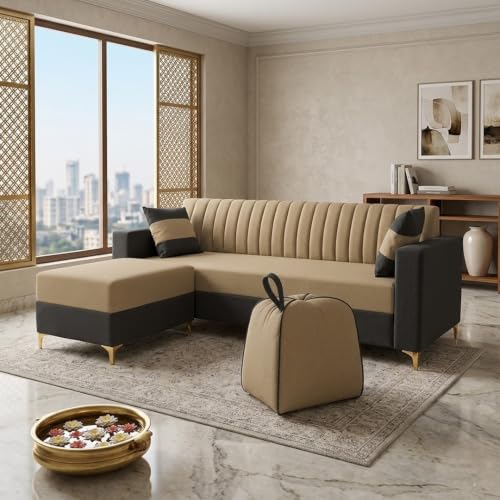 Image of FURNY Signature Regalia 4-Seater L-Shape Sofa Set with Movable Ottoman & Suri Pouf | Flexible LHS /RHS Layout | Boston Fabric | 40D Foam + Zigzag Spring | 3-Yr Warranty (Steel Grey -Beige)