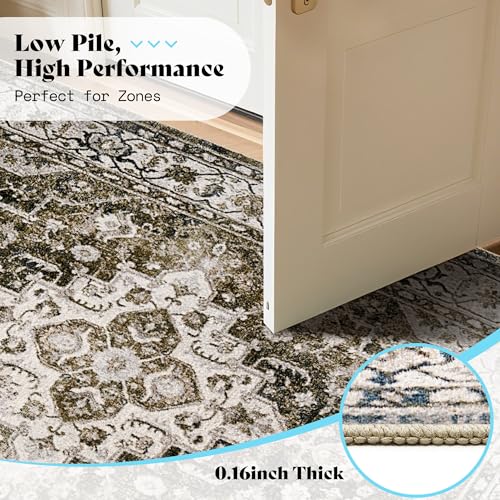 Image of AMERLIFE 5'x8' Wilton Collection Area Rug, Durable Low Pile Non-Slip Washable Rug for High Traffic Areas, Distressed Floral Pattern Vintage Rug for Living Room, Bedroom, Dining Room,Light Green