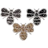 ❤Material:Stoff+Strass Dosige 3 Pcs Bügel Iron on Buchstaben Aufnäher mit Strass Patches für Jacken Cap Hosen Jeans Kleidung Stoff Kleider Applikation Aufbügler zum Aufbügeln 6 * 8cm Schwarz + Silbergrau + Gold