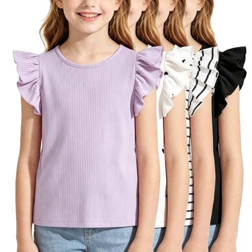 Image of Girls 4 Packs Tees Ruffle Short Sleeve T-Shirt Ribbed Knit Casual Summer Tunic Tops 4-12 Years