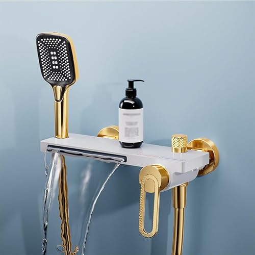 ZYCDP Grifo de Bañera Grifo Bañera Cascada Pared 2 Funciones Latón Juego Kit de Ducha con Ducha de Mano Con Desviador, blanco+dorado