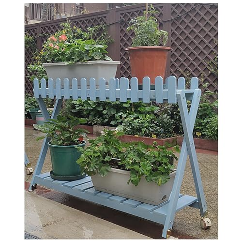 二重層無垢材プランタースタンド 耐荷重120KG植木鉢 スタンド 鉢スタンドガーデンラック 屋内でも屋外でも使用可能フラワースタンド (ブルー*ユニバーサルホイール付き, 108*37*71CM)