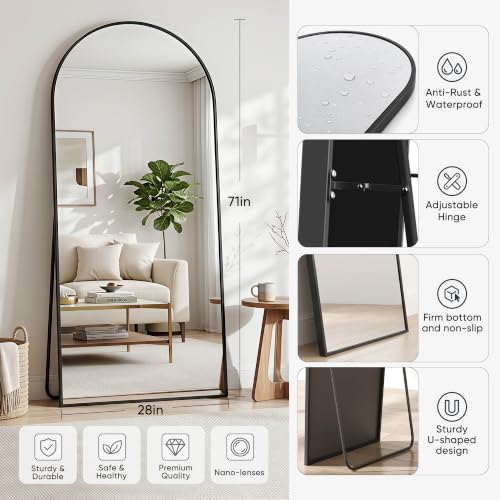 Image of Full Length Mirror, 71 inchx28 inch Arched Floor Mirror Freestanding, Floor Standing Full Body Mirror with Stand for Bedroom, Hanging Mounted for Living Room Cloakroom, Black