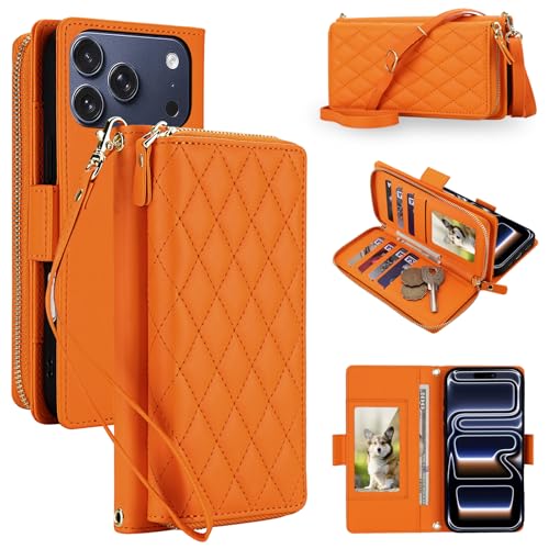 Étui portefeuille iPhone 17 Pro Max orange à fermeture éclair et 8 fentes