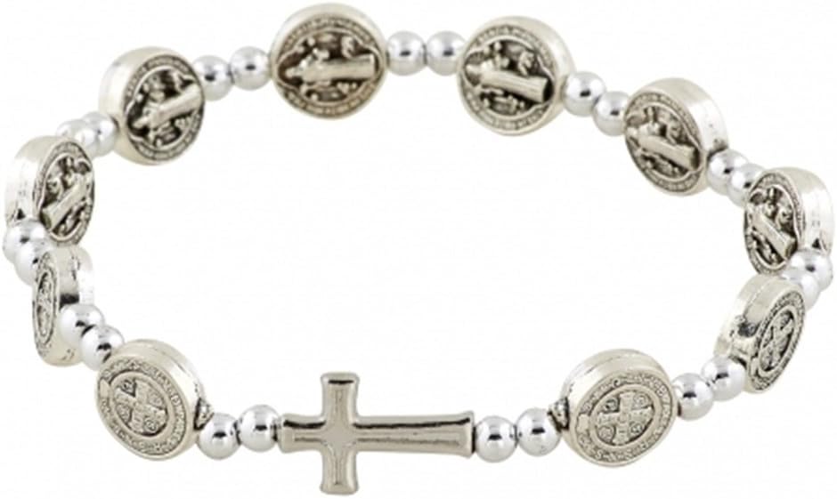 Religious JewelrySilver Tone Saint Benedict Medal Prayer Bead Rosary Stretch Bracelet, 7 1/2 Inch