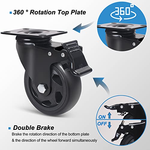 5 Inch Swivel Caster Wheels Set Of 4, Heavy Duty Casters With Brake, Polyurethane Locking Casters For Cart, Workbench And Trolley-Load 2200Lbs, Black(Two Hardware Kits) #TOP2