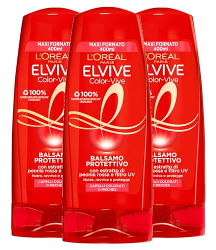 L'Oréal Paris Elvive Color-Vive Acondicionador protector para cabello de color o Meches Fórmula nutritiva aclaradora con extracto de peonía roja y filtro UV, 3 botellas de 400 ml