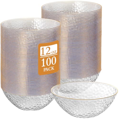 Jingmore 100 Pcs 12 oz Clear Plastic Bowls Hammered with Gold Rimmed, Heavyweight Disposable Bowl Set, Salad Dinner Bowls for Party, Wedding, Holiday, Catering (Clear)