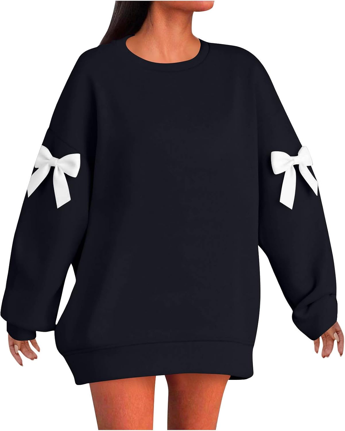Womens Plus Size Sweatshirts Round Neck Long Sleeve Pullover Bow Cute Tops Fall Winter Fashion Loose Fit Clothes