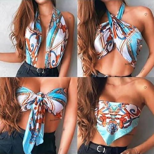 Lenço Quadrado Grande Cetim Seda Multiuso Echarpe Cropped Bandana: Kit 2 Estampados Sortido