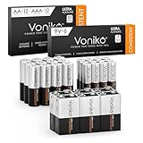 Voniko 30 Counts Alkaline Batteries Combo Pack, 12 Counts AA Batteries, 12 Counts AAA Batteries and 6 Counts 9V Batteries for Household Electronics