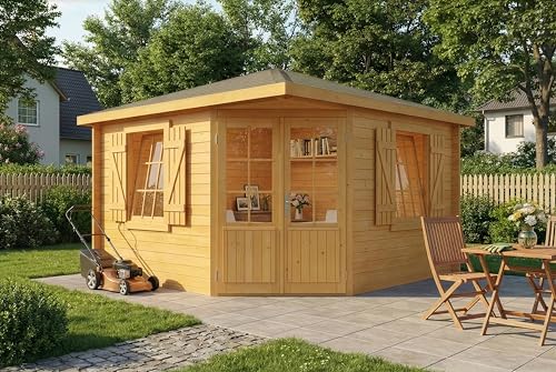 Alpholz 5-Eck Gartenhaus Monica Royal Gartenhaus aus Holz in Pinie, Holzhaus mit 28 mm Wandstärke, Blockbohlenhaus mit Montagematerial