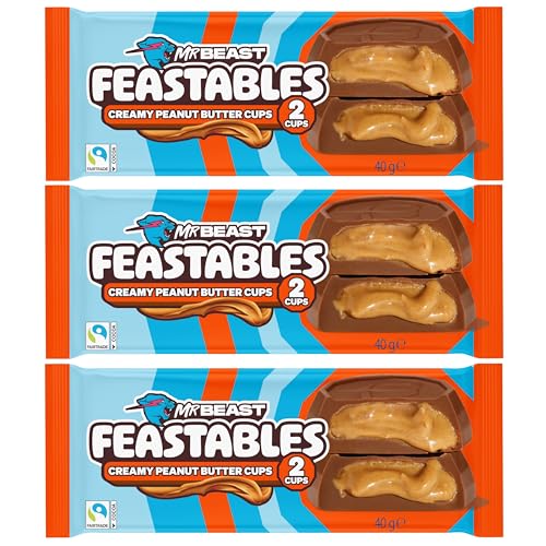 Feastables MrBeast Creamy Peanut Butter Cups 3 x 40g – Cioccolato al Latte con Ripieno di Burro di Arachidi – 2 Cups per Pack – 120g