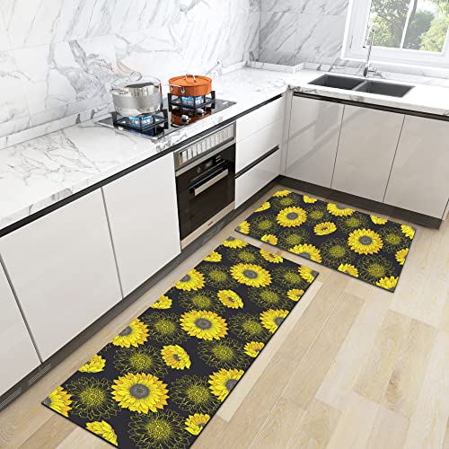 Chiinvent Black Sunflower Kitchen Rug Set Of 2 Non-Slip Kitchen Floor Mat Cushioned Standing Rugs Runner Anti Fatigue Cushioned Comfort Mats Waterproof 17.3 X 28+17.3 X 47 Inches Yellow #TOP5