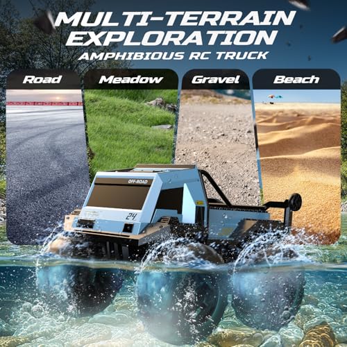 DEERC Amphibious Remote Control Car Monster Truck Toys Waterproof RC Stunt Cars for Boys 8-12 Toys W/Blocks & 360°Spin, 4WD All-Terrain Off-Road Pickup RC Truck 2.4Ghz 60+ Min Playtime Pool Toy Gift - Image 4