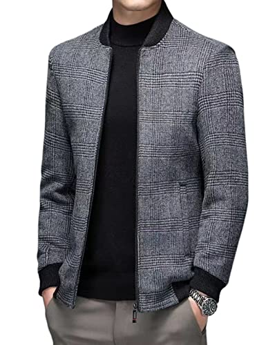 Kwoki Men's Wool Blend Bomber Jacket Full Zip Fall Winter Warm Coat Retro Plaid Outwear with Pockets