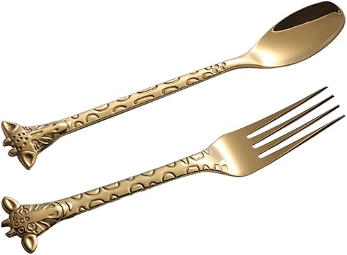 Miniatura 8 de Juego de 2 cucharas y tenedores de postre de acero inoxidable con diseño de dibujos animados para pastel de café y aperitivos, uso en el hogar y en