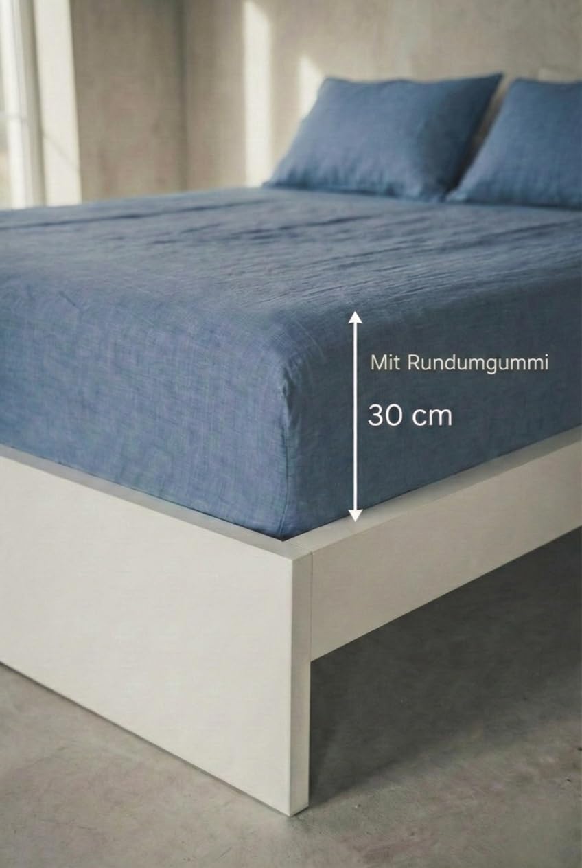 Leinen Spannbettlaken – 100% Stonewashed Leinen – Rundumgummi – Atmungsaktiv, Temperaturregulierend & Hautfreundlich – Ohne Kissenbezüge (Blau, 180 x 200 +30 cm)