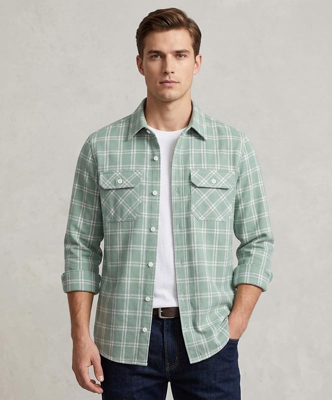 Image of DEELMO Men's Stylish Cotton Blend Casual Chakes Shirt || Full Sleeve Shirt with Dual Flap Pockets Fabric || Perfect for Casual and Classic Fit & Style || Stylish Everyday Wear