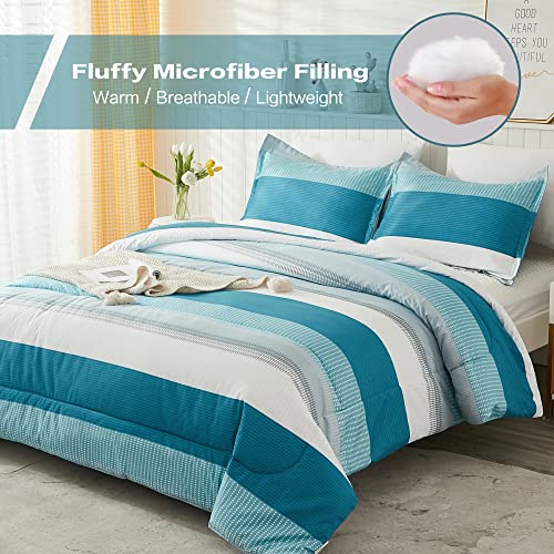 Litanika Full Comforter Set White Teal - 3 Pieces Lightweight Fluffy Bedding Comforter Sets, All Season Down Alternative Comforter (1 Comforter, 2 Pillowcases)