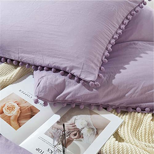 Lavender Standard Size Pillow Shams Set of 2, Boho Pom Fringe Pillowcases, Cute Ball Tassel Trimmed Pillowshams, 20x26 Inch, Light Purple