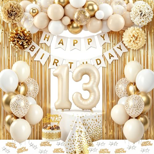 13th Birthday Decorations for Girls, Gold Official Teenager Decorations White and Gold Balloons Happy Birthday Banner Tablecloth Fringe Curtain Cake Topper Paper Pom Poms Boys Girls 13 Year Old Bday