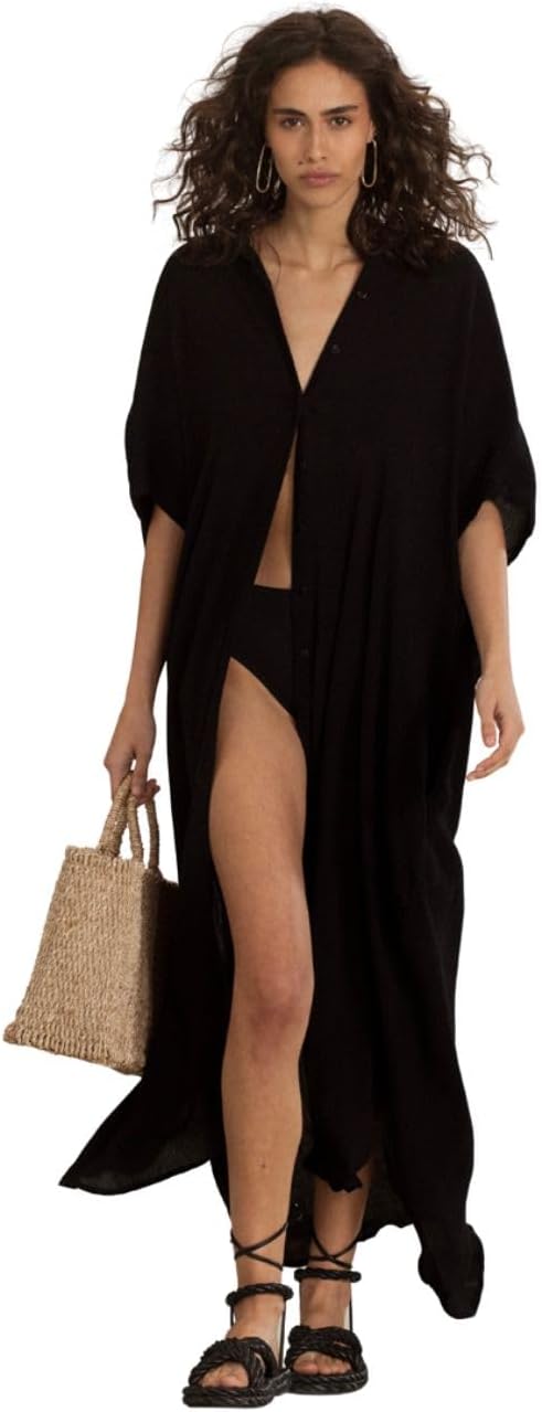 Gottex Womens Beach Life Button Front Cover Up Kaftan Style Maxi Dress with Short Sleeves Relaxed Fit Swim Essential