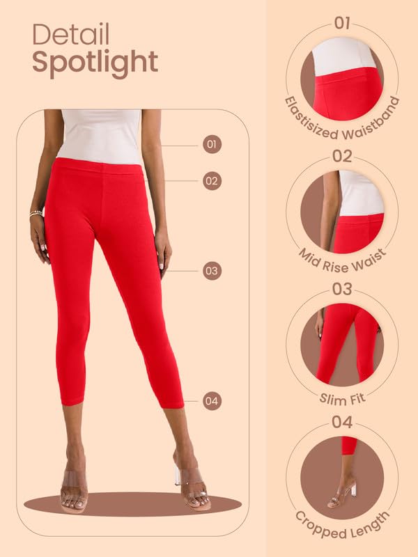 Image of GO COLORS Soft Cotton Stretch Cropped Leggings for Women | Breathable, Mid Rise