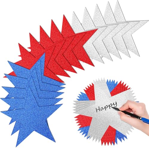70 Pcs Glitter Star Cutouts Double Printed Paper Star Red Blue Silver Confetti Cutouts for Bulletin Board Classroom Wall Party Handmade Banner Decoration Supply