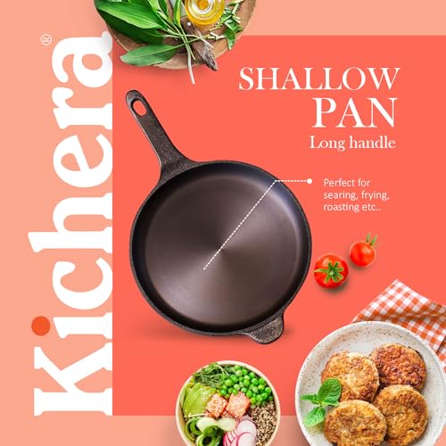 Image of Kichera Premium Cast Iron Frying Pan Pre-Seasoned with Long Handle | Naturally Non-Stick 10 Inch Omelette Pan | Cast Iron Multipurpose Skillet for Eggs, Pancakes, Dosas, Roasting & Everyday Cooking