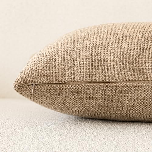 Image of Foindtower Set of 2 Decorative Textured Burlap Linen Throw Pillow Covers Farmhouse Boho Cushion Cover Solid Accent Pillowcase for Couch Sofa Bed Living Room Home Decor,18x18 Inch,Khaki Camel
