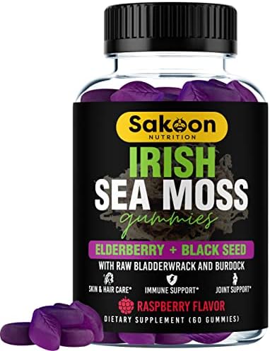 Irish Sea Moss Gummies with Elderberry & Black Seed Oil - Promotes Beautiful Skin & Hair, Thyroid Support, Strong Immunity, Rich in Essential Vitamins & Minerals, Delicious Raspberry Taste