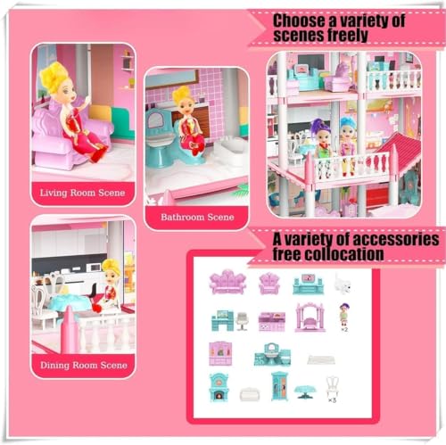 Image of Luxury Multi-Level Doll House Playset for Kids with Furniture & Accessories | DIY Pretend Role Play Villa House Toy Set for Girls & Boys Age 6+ Years (4ROOM Doll House)