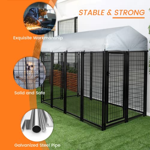 Pukami Large Outdoor Dog Kennel,8×4×6Ft Heavy Duty Outdoor Dog Cage,Pet Dog Run Enclosures For Outside Dog Crate Outdoor Metal Galvanized Welded With Waterproof Uv-Resistant Cover And Secure Lock #TOP1