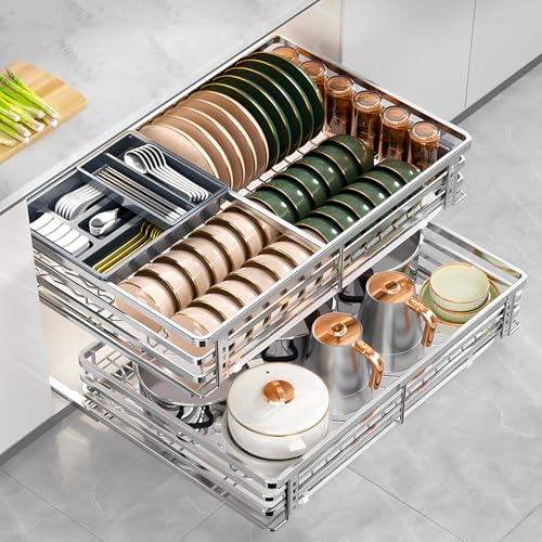 2-Tier Sliding Cabinet Organizer with Damping Guide 304 Stainless Steel Bowl Basket For Kitchen Under SinkStorage Heavy Duty Metal Sliding Baskets For Pots, Pans And Lid