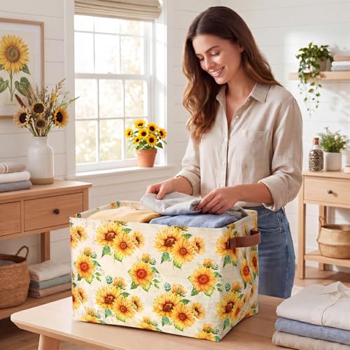 Image of Fourluoo 6 Pack Sunflower Storage Basket with Handles Sunflower Clothes Storage Basket Bin Foldable Box Bins Organizer for Closet Shelf Nursery Kid Room Book Toy Chest