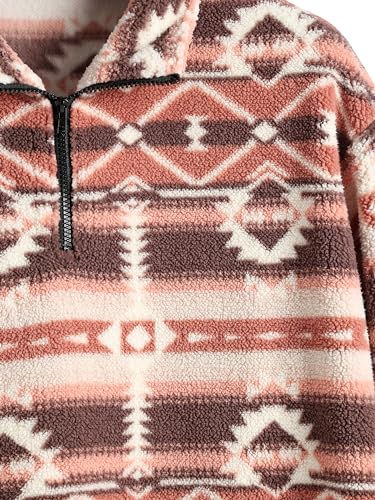 Image of ZAFUL Men 1 /4 Zipper Ethnic Aztec Fleece Unisex Winter Sweatshirt Tops 2026 | Funnel Neck Fluffy Polar Fleece Faux Sherpa Soft Thermal Pullover Kangaroo Pocket Jacket Hoodie Tops