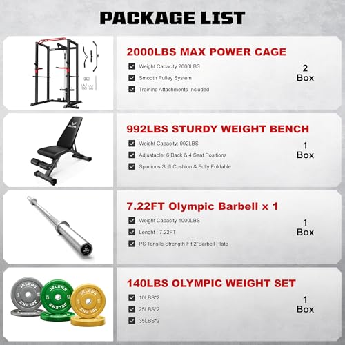 Image of JELENS S11 Power Cage, 2000LB Multi-Function Power Rack with LAT Pulldown, Squat Rack with Adjustable Pulley System and Training Attachments, Weight Rack for Home Gym