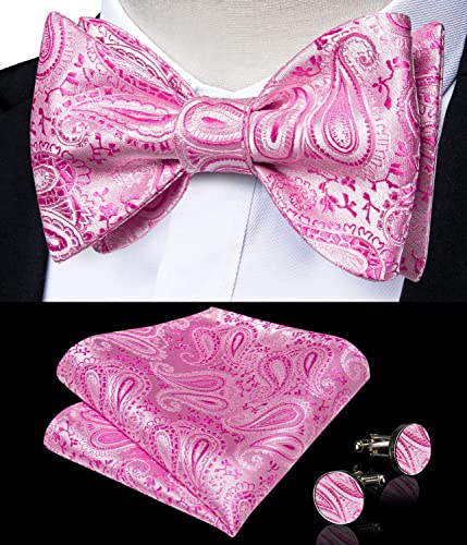Image of DiBanGu Men Bow Tie Paisley Striped Self-Bow Tie for Men and Silk Woven Bowtie Pocket Square Cufflinks Wedding Party