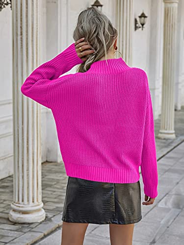 Makemechic Women's Casual Ribbed Knit Long Sleeve Mock Neck Sweater Pullover Top Hot Pink M #TOP1