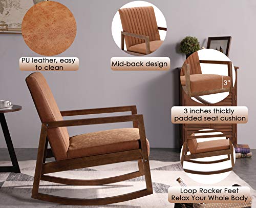 Cimota Leather Modern Rocking Chair Mid Century Armchair Upholstered Arm Chair With Padded Seat/Wood Frame, Comfy Rocker For Living Room/Bedroom, Retro Brown Pu #TOP2