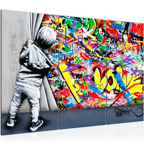 Runa Art Tableau Decoration Murale - Behind the curtain Peinture - Salon - XXL 120 x 80 Cm - Graffiti Street Art - 3 Parties - 043531a