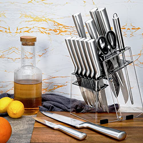 Kinfe Set, Jiaedge Kitchen Knife Set With Block, 15-Pc German High Carbon Stainless Steel Chef Knives Set For Kitchen With Block, Dishwasher Safe Steak Knives, Acrylic Stand, Knife Sharpener, Silver #TOP5