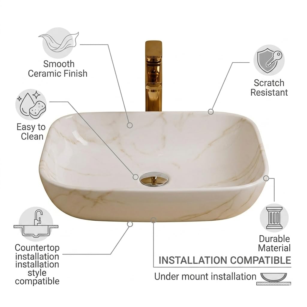 Vivatra Ceramic Tabletop Wash Basin β Glossy Rectangular Countertop Vessel Sink with Marble Finish for Bathroom & Vanity | Compact 18 x 13 x 5 Inch | Elegant Washbasin (VT_WB_LC01_005) 2